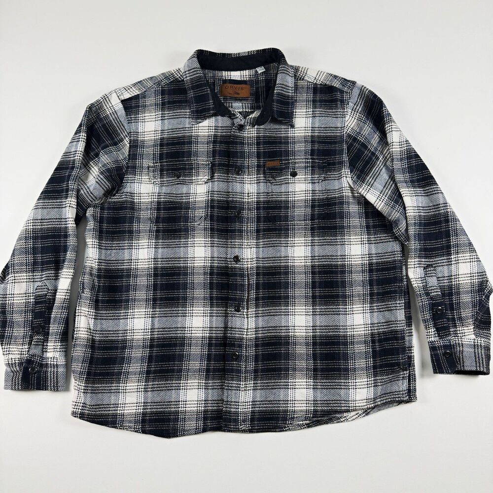 Orvis Flannel Shirt Men’s 2XL Blue White Plaid Button-Up Pocket Long Sleeve
